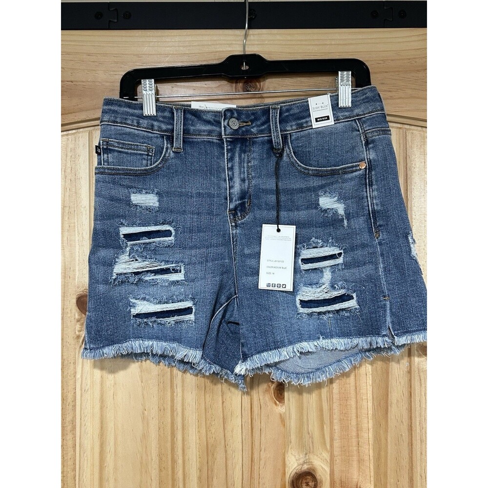 Judy Blue Mid Rise Denim Shorts Distressed Frayed Hem Size M 15” Waist